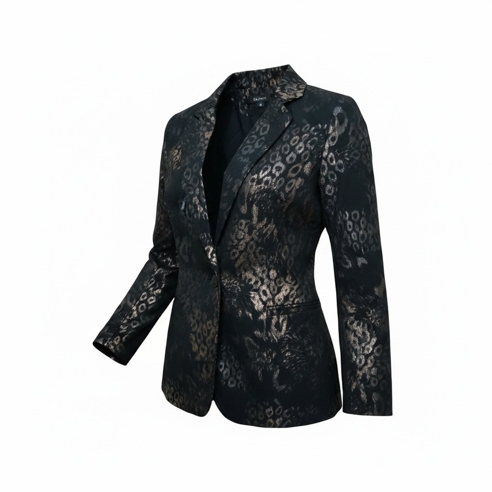 One n More Womens Metallic Leopard Print Blazer Black Bronze Silver Small